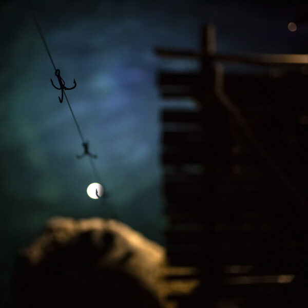 Anzuelos colgando sobre el mar iluminado tenuemente por la luna.