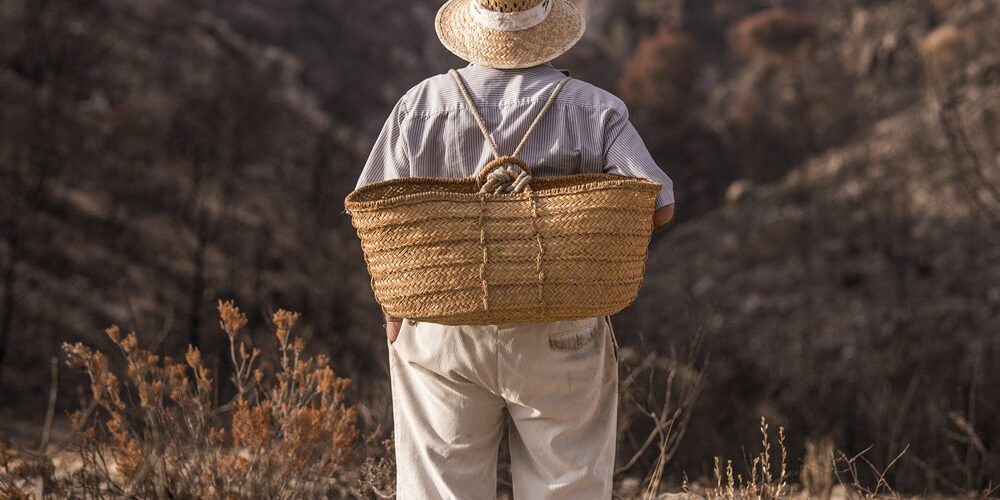 Hombre mayor con sombrero de paja y cesta caminando por una montaña con vistas al mar.