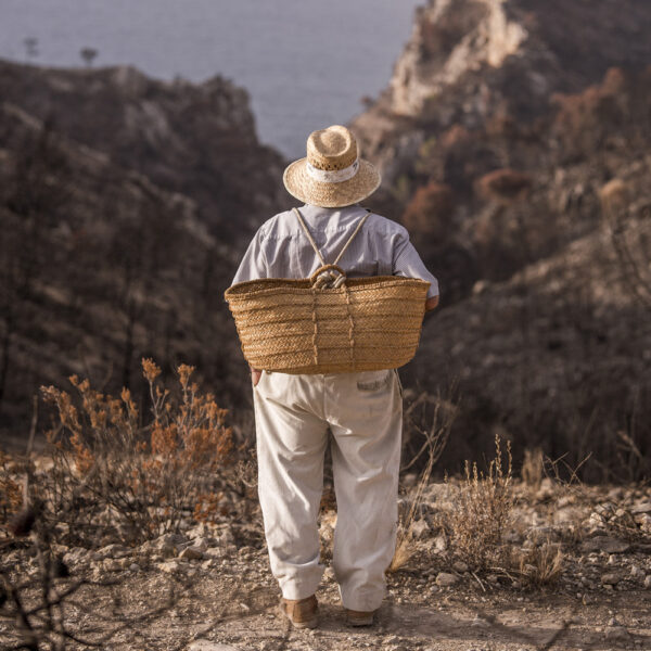 Hombre mayor con sombrero de paja y cesta caminando por una montaña con vistas al mar.