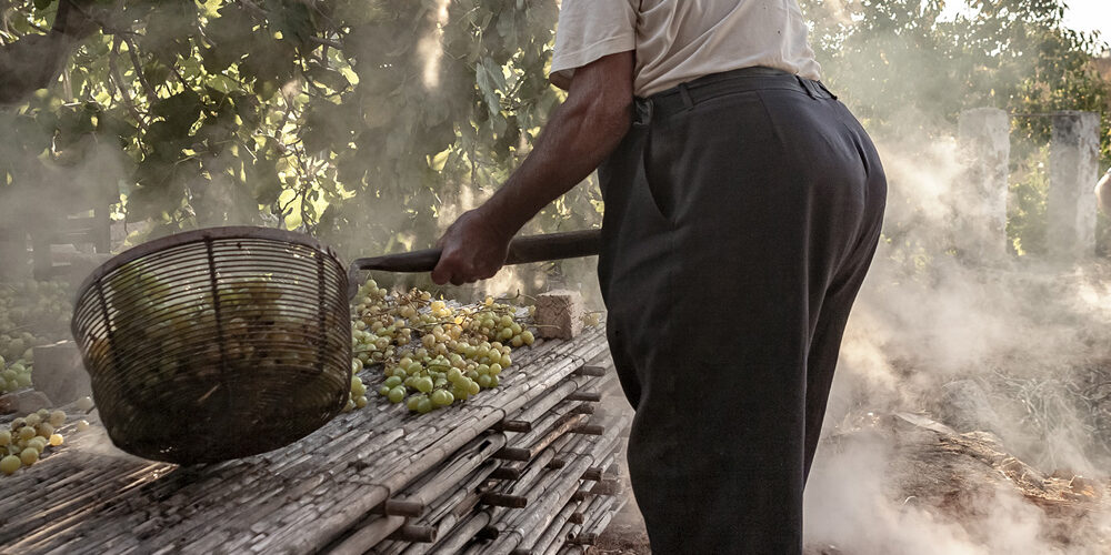 Hombre mayor removiendo uvas sobre una estructura de cañas mientras el humo se eleva.