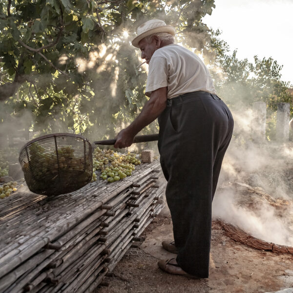 Hombre mayor removiendo uvas sobre una estructura de cañas mientras el humo se eleva.