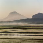Fotografía de un paisaje rural con campos inundados al amanecer, creando reflejos sutiles bajo una ligera niebla. Al fondo, la imponente silueta del Montgó enmarca la escena, mientras una figura solitaria camina en la distancia. Una composición que transmite calma y conexión con la naturaleza.