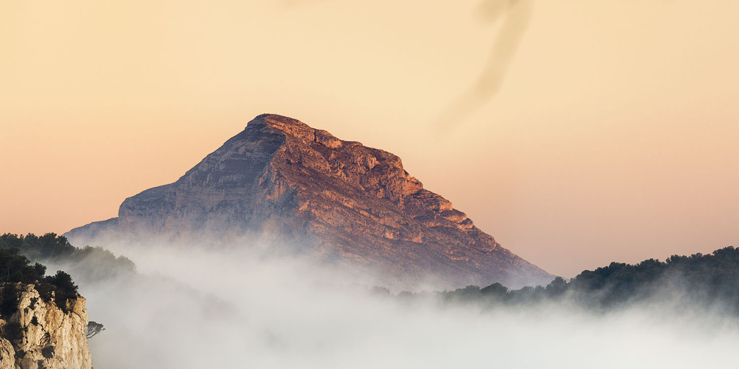 Fotografía del Montgó al amanecer, emergiendo majestuosamente entre un mar de niebla y con tonos cálidos que bañan el cielo. En el primer plano, ramas desenfocadas añaden profundidad a esta escena atmosférica.
